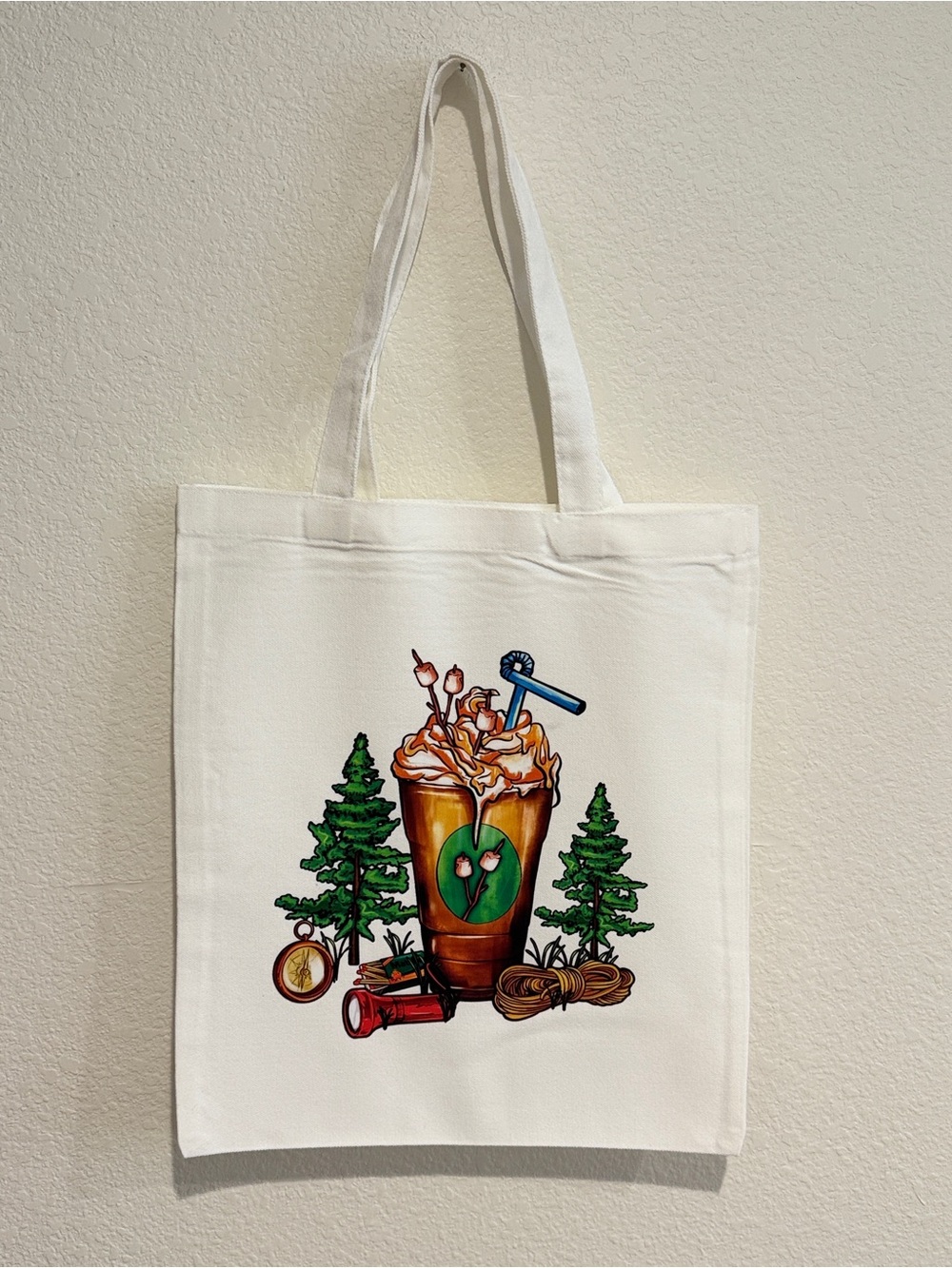 Handmade Canvas Tote Bag with Camping and Coffee Graphic - White